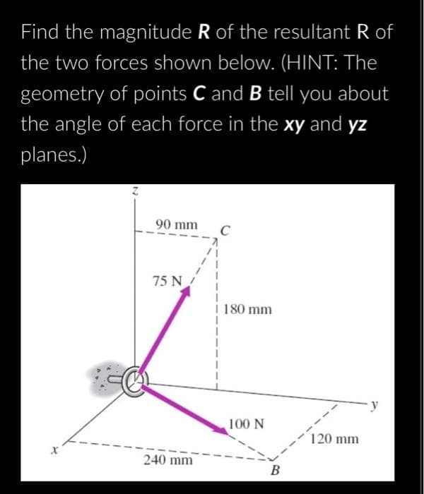 Find the magnitude R of the resultant R of
the two forces shown below. (HINT: The
geometry of points C and B tell you about
the angle of each force in the xy and yz
planes.)
X
90 mm C
75 N
240 mm
180 mm
100 N
B
120 mm
y
