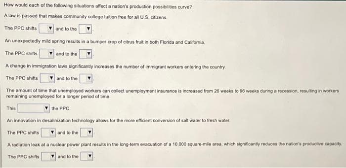 How
would each of the following situations affect a nation's production possibilities curve?
A law is passed that makes community college tuition free for all U.S. citizens.
The PPC shifts
and to the
An unexpectedly mild spring results in a bumper crop of citrus fruit in both Florida and California,
The PPC shifts
and to the
A change in immigration laws significantly increases the number of immigrant workers entering the country.
The PPC shifts
and to the
The amount of time that unemployed workers can collect unemployment insurance is increased from 26 weeks to 96 weeks during a recession, resulting in workers
remaining unemployed for a longer period of time.
This
the PPC.
An innovation in desalinization technology allows for the more efficient conversion of salt water to fresh water.
The PPC shifts
A radiation leak at a nuclear power plant results in the long-term evacuation of a 10,000 square-mille area, which significantly reduces the nation's productive capacity
The PPC shifts and to the
and to the