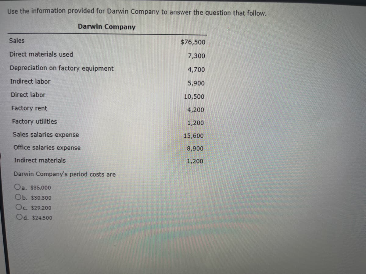 Use the information provided for Darwin Company to answer the question that follow.
Darwin Company
Sales
Direct materials used
Depreciation on factory equipment
Indirect labor
Direct labor
Factory rent
Factory utilities
Sales salaries expense
Office salaries expense
Indirect materials
Darwin Company's period costs are
Oa. $35,000
Ob. $30,300
Oc. $29,200
Od. $24,500
$76,500
7,300
4,700
5,900
10,500
4,200
1,200
15,600
8,900
1,200