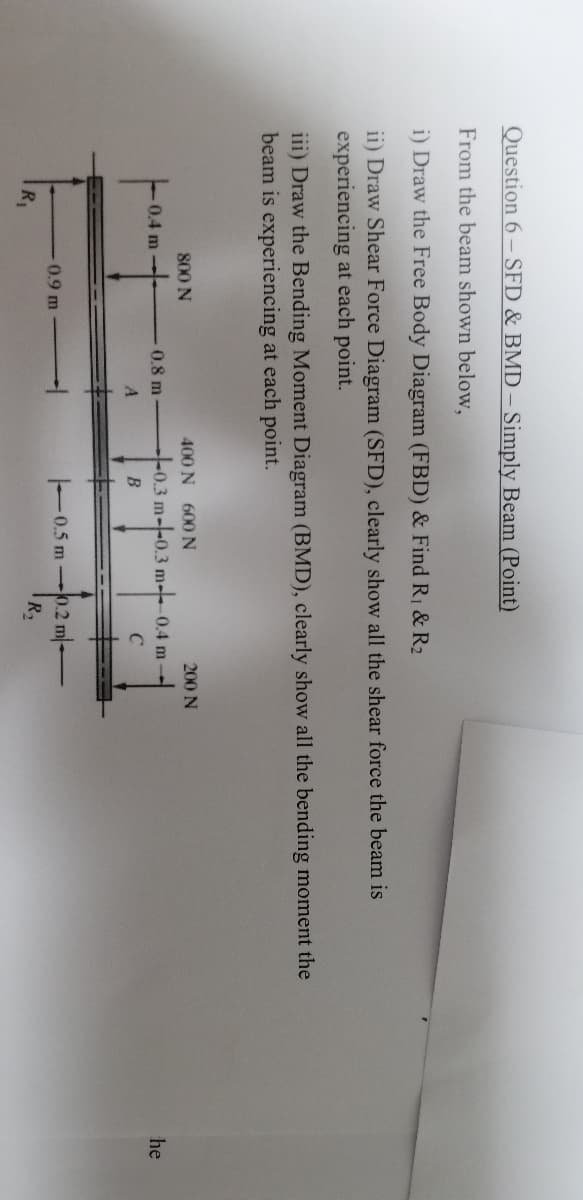 Question 6- SFD & BMD- Simply Beam (Point)
From the beam shown below,
i) Draw the Free Body Diagram (FBD) & Find R1 & R2
ii) Draw Shear Force Diagram (SFD), clearly show all the shear force the beam is
experiencing at each point.
iii) Draw the Bending Moment Diagram (BMD), clearly show all the bending moment the
beam is experiencing at each point.
800 N
400 N 600 N
200 N
0.4 m-
0.8 m
t0.3 m--0.3 m-0.4 m-
he
C
A.
0.9 m
0.5 m-.2 m-
R2
R1
