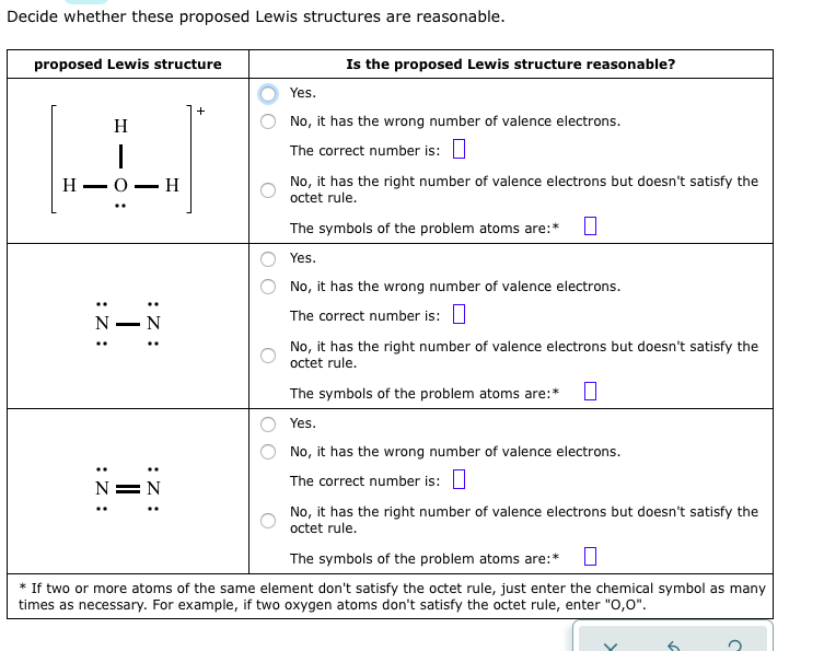 Decide whether these proposed Lewis structures are reasonable.
proposed Lewis structure
Is the proposed Lewis structure reasonable?
Yes.
+
H
No, it has the wrong number of valence electrons.
The correct number is: I
Н — О — Н
No, it has the right number of valence electrons but doesn't satisfy the
octet rule.
The symbols of the problem atoms are:* U
Yes.
No, it has the wrong number of valence electrons.
The correct number is: I
No, it has the right number of valence electrons but doesn't satisfy the
octet rule.
The symbols of the problem atoms are:*
Yes.
No, it has the wrong number of valence electrons.
The correct number is: U
N=N
No, it has the right number of valence electrons but doesn't satisfy the
octet rule.
The symbols of the problem atoms are:*
If two or more atoms of the same element don't satisfy the octet rule, just enter the chemical symbol as many
times as necessary. For example, if two oxygen atoms don't satisfy the octet rule, enter "0,0".
:Z :
:Z :
:Z :
:Z :
