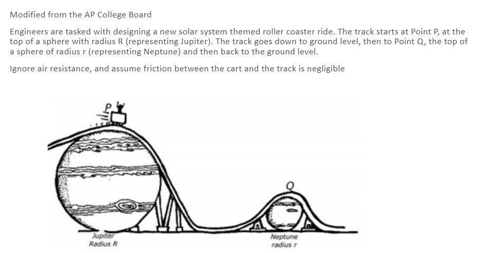 Modified from the AP College Board
Engineers are tasked with designing a new solar system themed roller coaster ride. The track starts at Point P, at the
top of a sphere with radius R (representing Jupiter). The track goes down to ground level, then to Point Q, the top of
a sphere of radius r (representing Neptune) and then back to the ground level.
Ignore air resistance, and assume friction between the cart and the track is negligible
Jupiter
Radius R
Neptune
radius r

