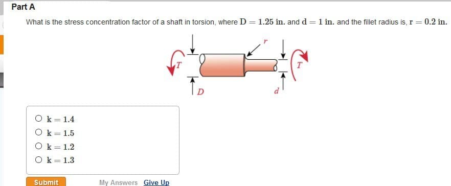 Part A
What is the stress concentration factor of a shaft in torsion, where D = 1.25 in. and d = 1 in. and the fillet radius is, r = 0.2 in.
Ok = 1.4
O k = 1.5
O k = 1.2
O k = 1.3
Submit
My Answers Give Up
T