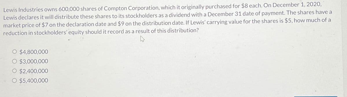 Lewis Industries owns 600,000 shares of Compton Corporation, which it originally purchased for $8 each. On December 1, 2020,
Lewis declares it will distribute these shares to its stockholders as a dividend with a December 31 date of payment. The shares have a
market price of $7 on the declaration date and $9 on the distribution date. If Lewis' carrying value for the shares is $5, how much of a
reduction in stockholders' equity should it record as a result of this distribution?
O $4,800,000
O $3,000,000
O $2,400,000
O $5,400,000
ما