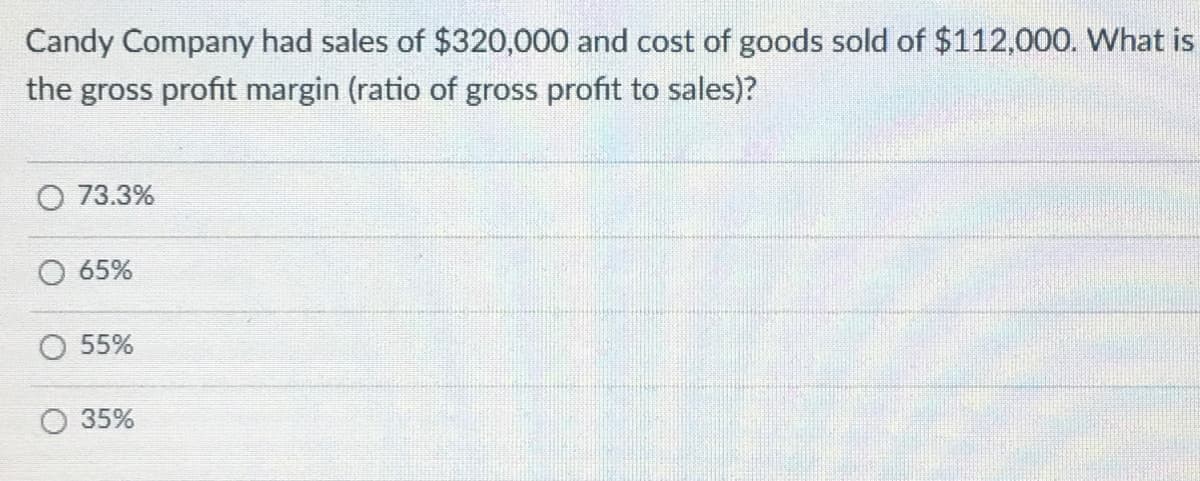 Candy Company had sales of $320,000 and cost of goods sold of $112,000. What is
the gross profit margin (ratio of gross profit to sales)?
73.3%
65%
O 55%
35%
