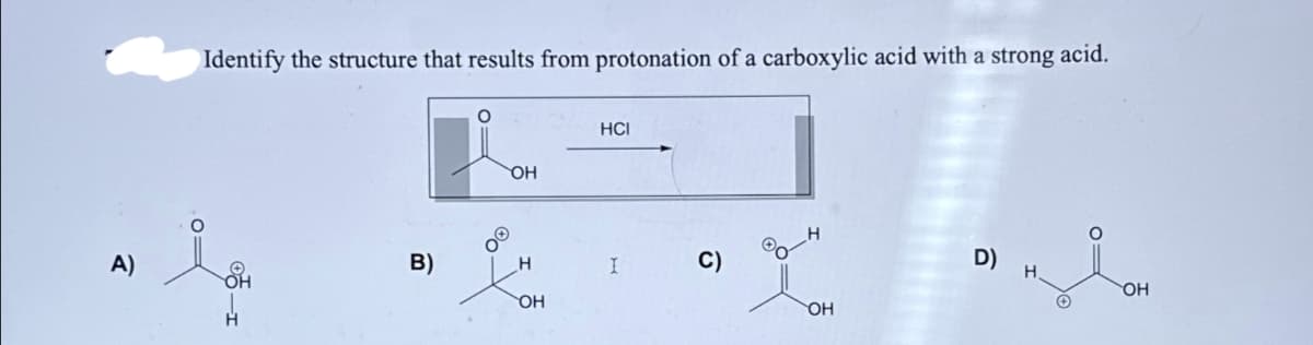 Identify the structure that results from protonation of a carboxylic acid with a strong acid.
A)
i
H
OH
HCI
H
B)
H
I
C)
D)
OH
OH
©
OH
