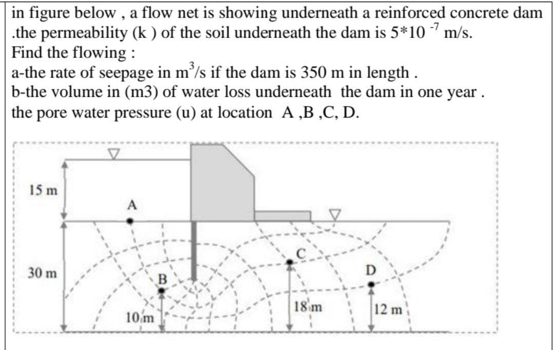 in figure below , a flow net is showing underneath a reinforced concrete dam
.the permeability (k ) of the soil underneath the dam is 5*10 " m/s.
Find the flowing:
|a-the rate of seepage in m’/s if the dam is 350 m in length.
b-the volume in (m3) of water loss underneath the dam in one year .
the pore water pressure (u) at location A ,B ,C, D.
-7
15 m
A
30 m
18 m
12 m
10m
