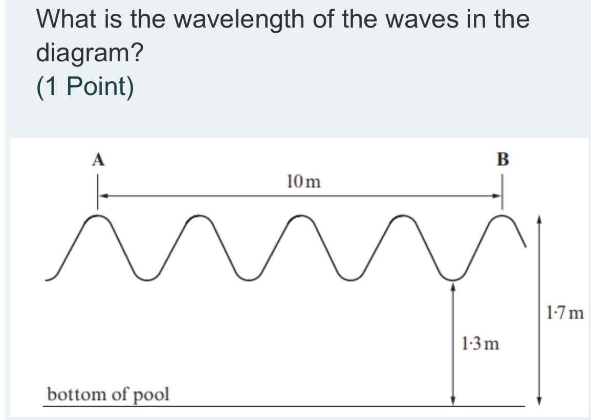 What is the wavelength of the waves in the
diagram?
(1 Point)
А
B
10m
1-7 m
1-3 m
bottom of pool
