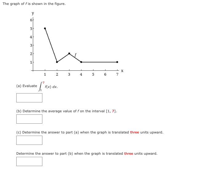 The graph of f is shown in the figure.
y
6f
5
4
2
1
1
2
3
6.
7
(a) Evaluate
f(x) dx.
(b) Determine the average value of f on the interval [1, 7].
(c) Determine the answer to part (a) when the graph is translated three units upward.
Determine the answer to part (b) when the graph is translated three units upward.
