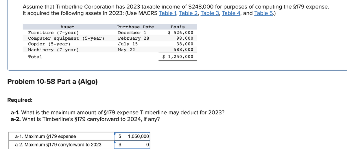 Assume that Timberline Corporation has 2023 taxable income of $248,000 for purposes of computing the §179 expense.
It acquired the following assets in 2023: (Use MACRS Table 1, Table 2, Table 3, Table 4, and Table 5.)
Asset
Furniture (7-year)
Computer equipment (5-year)
Copier (5-year)
Machinery (7-year)
Total
Problem 10-58 Part a (Algo)
Purchase Date
December 1
February 28
a-1. Maximum §179 expense
a-2. Maximum §179 carryforward to 2023
July 15
May 22
Required:
a-1. What is the maximum amount of $179 expense Timberline may deduct for 2023?
a-2. What is Timberline's §179 carryforward to 2024, if any?
$ 1,050,000
$
Basis
$ 526,000
98,000
38,000
588,000
$ 1,250,000
0