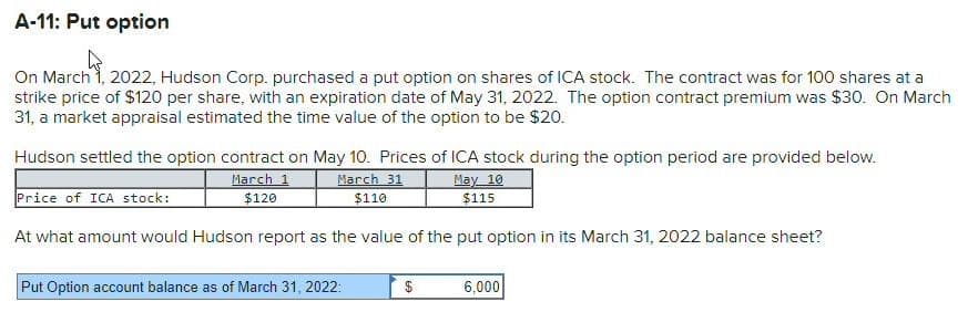 A-11: Put option
On March 1, 2022, Hudson Corp. purchased a put option on shares of ICA stock. The contract was for 100 shares at a
strike price of $120 per share, with an expiration date of May 31, 2022. The option contract premium was $30. On March
31, a market appraisal estimated the time value of the option to be $20.
Hudson settled the option contract on May 10. Prices of ICA stock during the option period are provided below.
March 1
$120
March 31
$110
May 10
$115
At what amount would Hudson report as the value of the put option in its March 31, 2022 balance sheet?
Price of ICA stock:
Put Option account balance as of March 31, 2022:
$
6,000