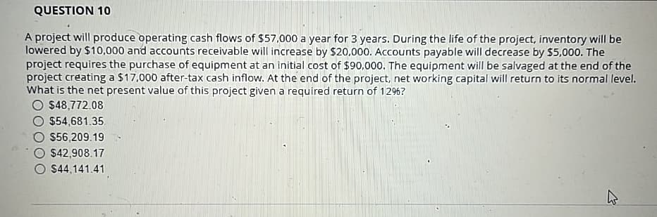 QUESTION 10
A project will produce operating cash flows of $57,000 a year for 3 years. During the life of the project, inventory will be
lowered by $10,000 and accounts receivable will increase by $20,000. Accounts payable will decrease by $5,000. The
project requires the purchase of equipment at an initial cost of $90,000. The equipment will be salvaged at the end of the
project creating a $17,000 after-tax cash inflow. At the end of the project, net working capital will return to its normal level.
What is the net present value of this project given a required return of 12%?
$48,772.08
$54,681.35
$56,209.19
$42,908.17
$44,141.41