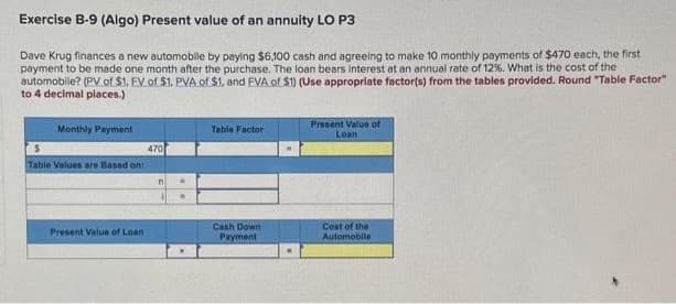 Exercise B-9 (Algo) Present value of an annuity LO P3
Dave Krug finances a new automobile by paying $6,100 cash and agreeing to make 10 monthly payments of $470 each, the first
payment to be made one month after the purchase. The loan bears interest at an annual rate of 12%. What is the cost of the
automobile? (PV of $1. EV of $1. PVA of $1, and EVA of $1) (Use appropriate factor(s) from the tables provided. Round "Table Factor"
to 4 decimal places.)
Monthly Payment
$
Table Values are Based on:
Present Value of Loan
470
n
W
Table Factor
Cash Down
Payment
Present Value of
Loan
Cost of the
Automobile
