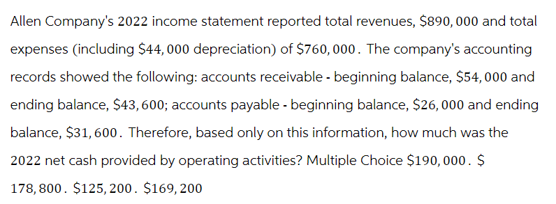 Allen Company's 2022 income statement reported total revenues, $890,000 and total
expenses (including $44, 000 depreciation) of $760,000. The company's accounting
records showed the following: accounts receivable - beginning balance, $54,000 and
ending balance, $43, 600; accounts payable - beginning balance, $26,000 and ending
balance, $31,600. Therefore, based only on this information, how much was the
2022 net cash provided by operating activities? Multiple Choice $190,000. $
178,800. $125, 200. $169, 200