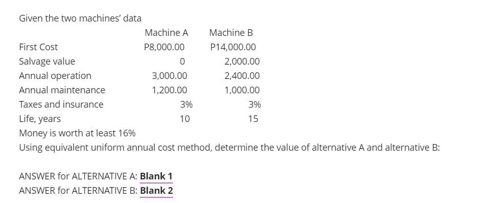 Given the two machines' data
Machine A
Machine B
First Cost
P8,000.00
P14,000.00
Salvage value
Annual operation
2,000.00
3,000.00
2,400.00
Annual maintenance
1,200.00
1,000.00
Taxes and insurance
3%
3%
Life, years
10
15
Money is worth at least 16%
Using equivalent uniform annual cost method, determine the value of alternative A and alternative B:
ANSWER for ALTERNATIVE A: Blank 1
ANSWER for ALTERNATIVE B: Blank 2
