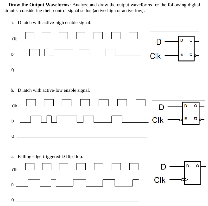 Draw the Output Waveforms: Analyze and draw the output waveforms for the following digital
circuits, considering their control signal status (active-high or active-low).
a. D latch with active-high enable signal.
Clk
D
Q
b. D latch with active-low enable signal.
Clk
D
Q
c. Falling edge-triggered D flip-flop.
Clk
D
Q
D
D
Q
Clk
E
Q
D
D
Q
Clk
E
Q
D
D
Q
Clk