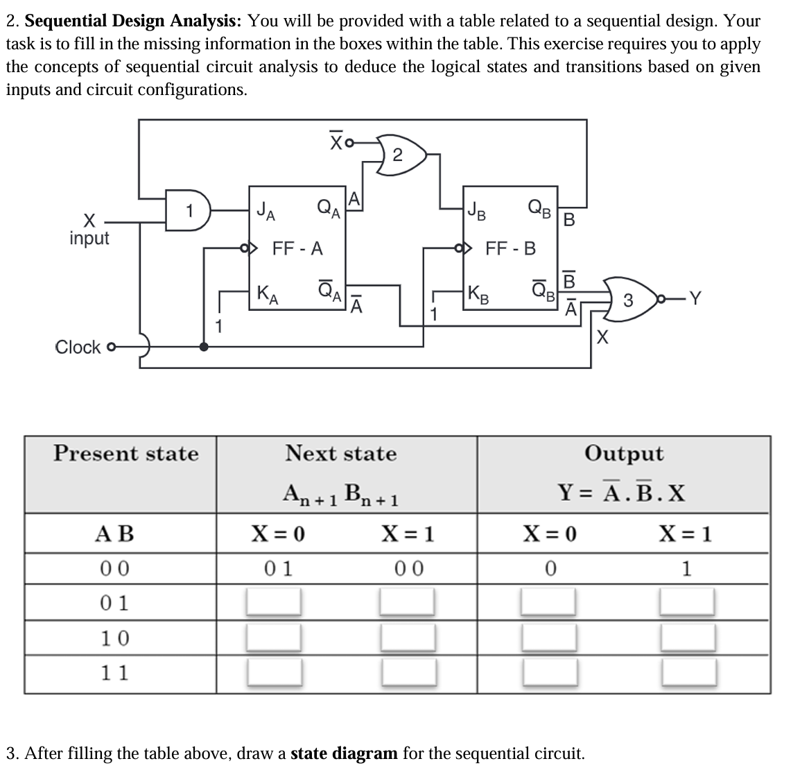 2. Sequential Design Analysis: You will be provided with a table related to a sequential design. Your
task is to fill in the missing information in the boxes within the table. This exercise requires you to apply
the concepts of sequential circuit analysis to deduce the logical states and transitions based on given
inputs and circuit configurations.
Хо
2
JA
QA
JB
QB
X
input
B
OFF-A
FF - B
B
KA
QA
KB
QBH
Y
1
1
Clock -
Present state
Next state
Output
An+1 Bn+1
Y = A.B.X
AB
X=0
X = 1
X=0
X = 1
00
01
00
0
1
01
10
11
3. After filling the table above, draw a state diagram for the sequential circuit.