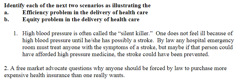 Identify each of the next two scenarios as illustrating the
Efficiency problem in the delivery of health care
Equity problem in the delivery of health care
а.
b.
1. High blood pressure is often called the "silent killer." One does not feel ill because of
high blood pressure until he/she has possibly a stroke. By law any hospital emergency
room must treat anyone with the symptoms of a stroke, but maybe if that person could
have afforded high pressure medicine, the stroke could have been prevented.
2. A free market advocate questions why anyone should be forced by law to purchase more
expensive health insurance than one really wants.
