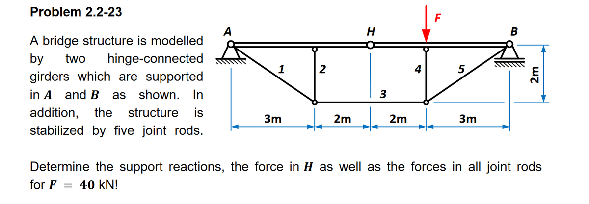 Problem 2.2-23
A bridge structure is modelled
by
two hinge-connected
girders which are supported
in A and B as shown.
A
H
F
1
2
4+
ما
5
In
3
addition,
the structure
is
3m
2m
2m
3m
stabilized by five joint rods.
Determine the support reactions, the force in H as well as the forces in all joint rods
for F = 40 kN!
B
2m