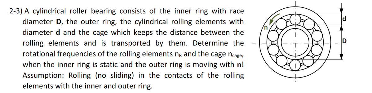 2-3) A cylindrical roller bearing consists of the inner ring with race
diameter D, the outer ring, the cylindrical rolling elements with
diameter d and the cage which keeps the distance between the
rolling elements and is transported by them. Determine the
rotational frequencies of the rolling elements NR and the cage Ncage,
when the inner ring is static and the outer ring is moving with n!
Assumption: Rolling (no sliding) in the contacts of the rolling
elements with the inner and outer ring.