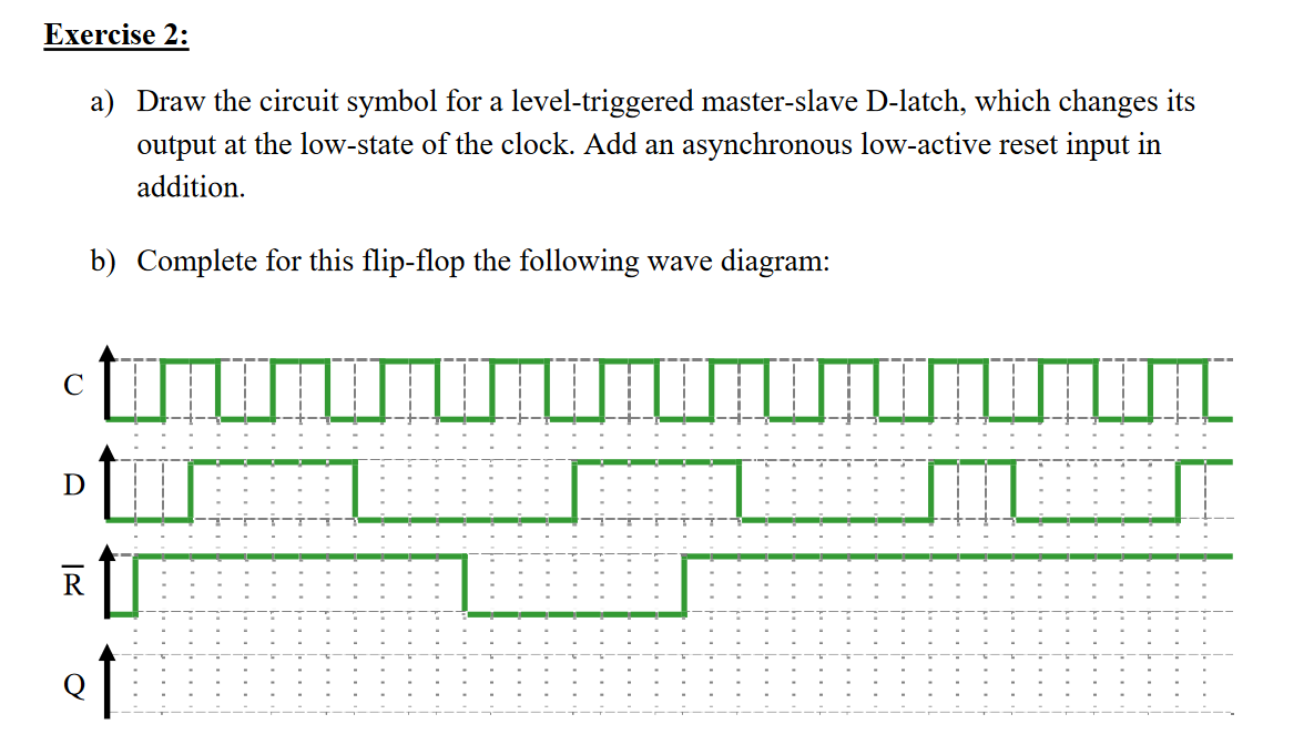 Exercise 2:
a) Draw the circuit symbol for a level-triggered master-slave D-latch, which changes its
output at the low-state of the clock. Add an asynchronous low-active reset input in
addition.
b) Complete for this flip-flop the following wave diagram:
C
Ꭰ
D
R
of