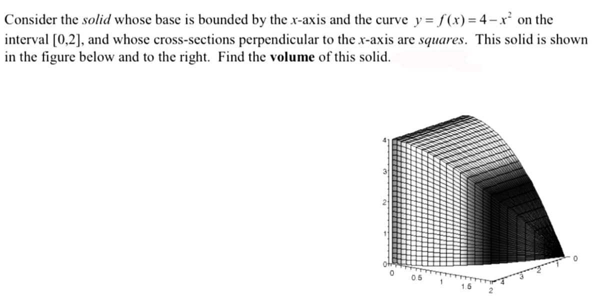 Consider the solid whose base is bounded by the x-axis and the curve y = f(x) = 4 – x² on the
interval [0,2], and whose cross-sections perpendicular to the x-axis are squares. This solid is shown
in the figure below and to the right. Find the volume of this solid.
3
21
05 1
