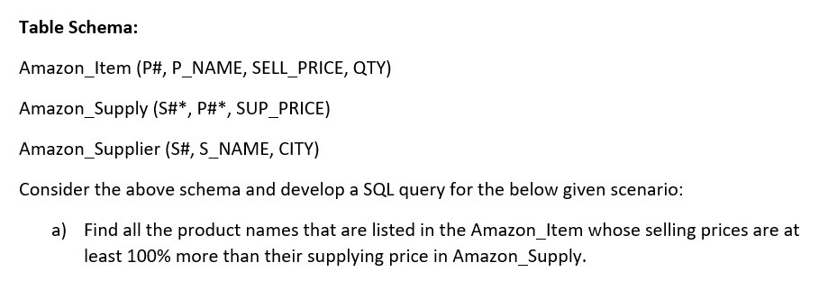 Table Schema:
Amazon_Item (P#, P_NAME, SELL_PRICE, QTY)
Amazon_Supply (S#*, P#*, SUP_PRICE)
Amazon_Supplier (S#, S_NAME, CITY)
Consider the above schema and develop a SQL query for the below given scenario:
a) Find all the product names that are listed in the Amazon_Item whose selling prices are at
least 100% more than their supplying price in Amazon_Supply.
