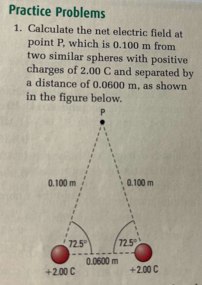 Practice Problems
1. Calculate the net electric field at
point P, which is 0.100 m from
two similar spheres with positive
charges of 2.00 C and separated by
a distance of 0.0600 m, as shown
in the figure below.
P
0.100 m
0.100 m
72.5°
72.5°
0.0600 m
+2.00 C
+2.00 C
