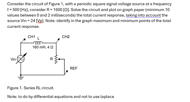 Consider the circuit of Figure 1, with a periodic square signal voltage source at a frequency
f = 500 [Hz], consider R = 1600 [22]. Solve the circuit and plot on graph paper (minimum 10
values between 0 and 2 milliseconds) the total current response, taking into account the
source Vin = 24 [Vp]. Note: identify in the graph maximum and minimum points of the total
current response.
Vin
CH1
L
m
160 mH, 4 Q
CH2
REF
Figure 1. Series RL circuit.
Note: to do by differential equations and not to use laplace