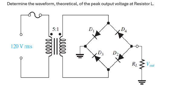 Determine the waveform, theoretical, of the peak output voltage at Resistor L.
120 V rms
5:1
ooooo
elele
D₁
D3
D21
DA
4
R₁
WWW II
Vout