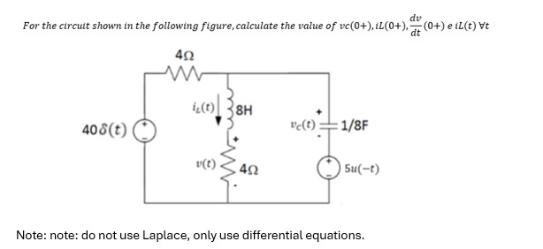 dv
For the circuit shown in the following figure, calculate the value of vc(0+), iL(0+), (0+) e iL(t) Vt
402
408(t)
iz(t)38H
v(t). 402
vc(t) =1/8F
5u(-t)
Note: note: do not use Laplace, only use differential equations.
