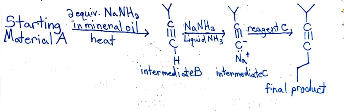 aequiv. NaNH₂
Starting in mineral oil,
Material A
heat
Y
NaN Ha
Liquid NH3
XU
i reagent C
H
Nat
intermediateB intermediatec
final product