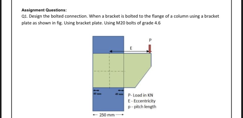 Assignment Questions:
Q1. Design the bolted connection. When a bracket is bolted to the flange of a column using a bracket
plate as shown in fig. Using bracket plate. Using M20 bolts of grade 4.6
P
E
P- Load in KN
E- Eccentricity
p- pitch length
250 mm
