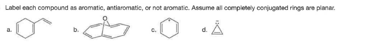 Label each compound as aromatic, antiaromatic, or not aromatic. Assume all completely conjugated rings are planar.
Å
a.
b.
C.
d.
