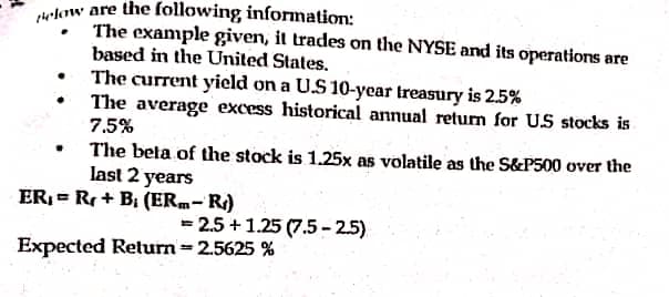 urlow are the following information:
The example given, it trades on the NYSE and its operations are
based in the United States.
The current yield on a U.S 10-year treasury is 2.5%
The average excess historical annual retum for US stocks is
7.5%
The beta of the stock is 1.25x as volatile as the S&P500 over the
last 2 years
ER; = Rr + B; (ERm-R)
= 2.5 +1.25 (7.5– 2.5)
Expected Return = 2.5625 %

