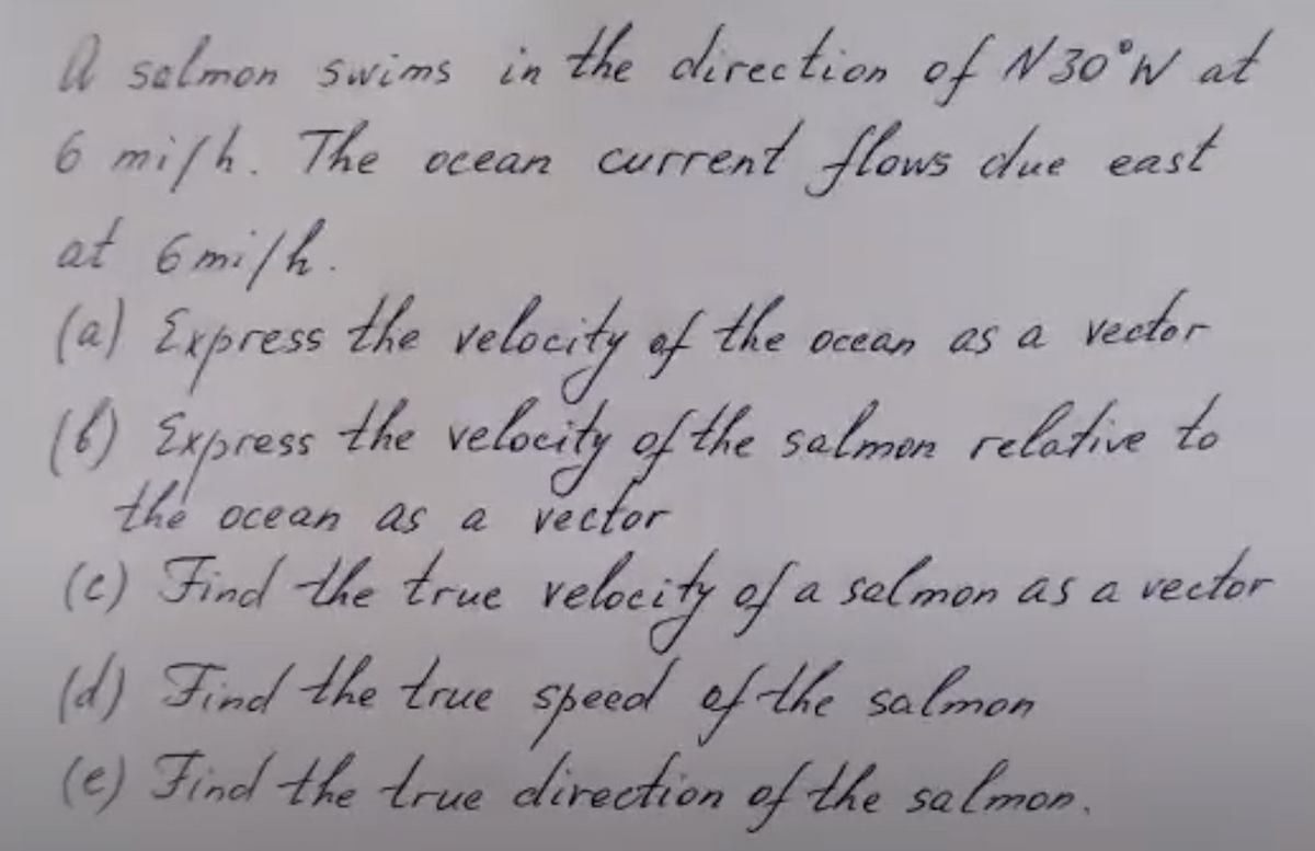 A salmon swims in the direction of N30°W at
6 mi/h. The ocean current flows due east
at 6 milh.
Express
(a)
vector
Ocean
velocity of the
(6) Express the velocity of the salmen relative to
the ocean as a vector
the veloc
vector
ve
(c) Find the true velocity of a selmon as a
(d) Find the true speed of the salmon
(e) Find the true direction of the salmon.