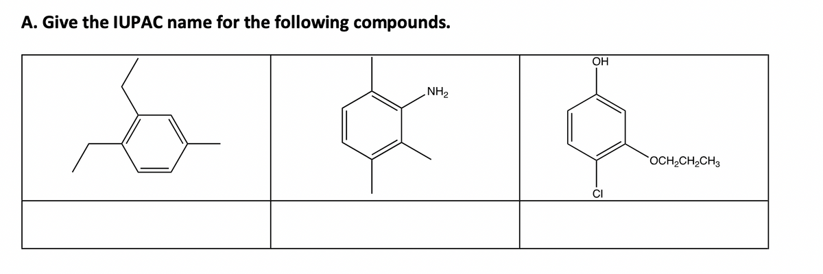 A. Give the IUPAC name for the following compounds.
La
NH₂
a
OH
CI
OCH₂CH₂CH3