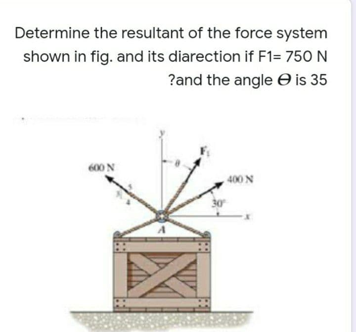 Determine the resultant of the force system
shown in fig. and its diarection if F1= 750 N
?and the angle O is 35
600 N
400 N
30
