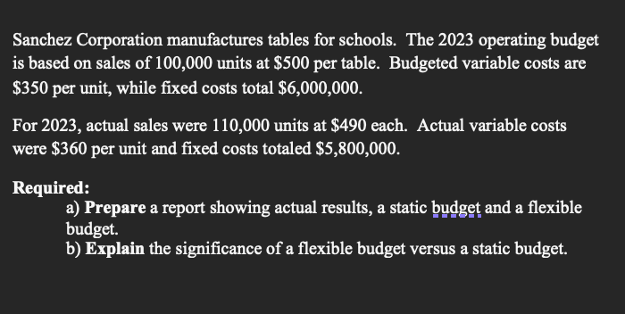 Sanchez Corporation manufactures tables for schools. The 2023 operating budget
is based on sales of 100,000 units at $500 per table. Budgeted variable costs are
$350 per unit, while fixed costs total $6,000,000.
For 2023, actual sales were 110,000 units at $490 each. Actual variable costs
were $360 per unit and fixed costs totaled $5,800,000.
Required:
a) Prepare a report showing actual results, a static budget and a flexible
budget.
b) Explain the significance of a flexible budget versus a static budget.