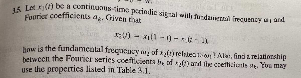 Fourier coefficients a. Given that
3.5. Let x1(t) be a continuous-time periodic signal with fundamental frequency wj and
x2(t) = x1(1 – t) + x1(t – 1),
%3D
how is the fundamental frequency w2 of x2(t) related to w ? Also, find a relationship
between the Fourier series coefficients by of x2(t) and the coefficients
use the properties listed in Table 3.1.
ak.
You may
