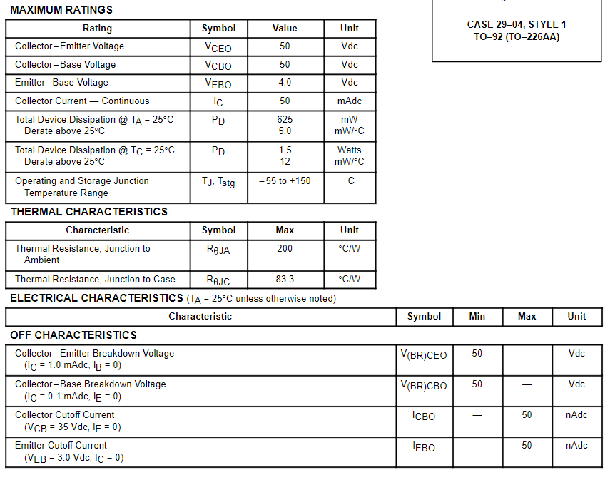 MAXIMUM RATINGS
CASE 29-04, STYLE 1
то-92 (TO-226AA)
Rating
Symbol
Value
Unit
Collector-Emitter Voltage
VCEO
50
Vdc
Collector-Base Voltage
Vсво
50
Vdc
Emitter-Base Voltage
VEBO
4.0
Vdc
Collector Current – Continuous
Ic
50
mAdc
PD
Total Device Dissipation @ TA = 25°c
Derate above 25°C
625
mW
5.0
mW/°C
Total Device Dissipation @ Tc = 25°C
Derate above 25°C
PD
1.5
Watts
12
mW/°C
Operating and Storage Junction
Temperature Range
TJ, Tstg
- 55 to +150
°C
THERMAL CHARACTERISTICS
Characteristic
Symbol
Max
Unit
Thermal Resistance, Junction to
REJA
200
°C/W
Ambient
Thermal Resistance, Junction to Case
ROJC
83.3
°C/W
ELECTRICAL CHARACTERISTICS (TA = 25°C unless otherwise noted)
%3D
Characteristic
Symbol
Min
Мax
Unit
OFF CHARACTERISTICS
Collector-Emitter Breakdown Voltage
V(BR)CEO
50
Vdc
(Ic = 1.0 mAdc, Ig = 0)
Collector-Base Breakdown Voltage
V(BR)CBO
50
Vdc
(Ic = 0.1 mAdc, lE = 0)
Collector Cutoff Current
ICBO
50
nAc
(VCB = 35 Vdc, IE = 0)
Emitter Cutoff Current
IEBO
50
nAdc
(VEB = 3.0 Vdc, Ic = 0)
