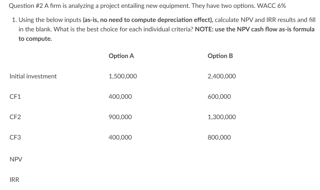Question #2 A firm is analyzing a project entailing new equipment. They have two options. WACC 6%
1. Using the below inputs (as-is, no need to compute depreciation effect), calculate NPV and IRR results and fill
in the blank. What is the best choice for each individual criteria? NOTE: use the NPV cash flow as-is formula
to compute.
Option A
Initial investment
1,500,000
CF1
CF2
Option B
2,400,000
400,000
600,000
900.000
1,300,000
CF3
400,000
800,000
NPV
IRR