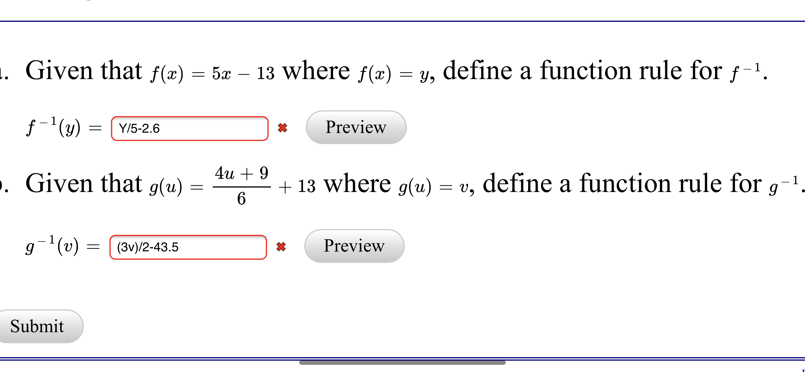 Given that f(x) = 5x – 13 where f(x) = y, define a function rule for f-1.
