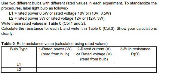 Use two different bulbs with different rated values in each experiment. To standardize the
procedures, label light bulb as follows:-
L1 = rated power 0.5W or rated voltage 10V or (10V, 0.5W)
L2 = rated power 3W or rated voltage 12V or (12V, 3W)
Write these rated values in Table 0 (Col.1 and 2).
Calculate the resistance for each L and write it in Table 0 (Col.3). Show your calculations
clearly.
Table 0: Bulb resistance value (calculated using rated values)
1-Rated power (W)| 2-Rated current (A)
or Rated voltage (V)
(read from bulb)
Bulb Type
3-Bulb resistance
(read from bulb)
R(0)
L1
L2
