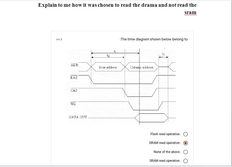 Explain to me how it was chosen to read the drama and not read the
sram
ali 3
:The time diagram shown below belong to
ADR
Row addre ss
Column address
RAS
CAS
WE
DATA OUT
Flash read operation.
DRAM read operation.
None of the above.
SRAM read operation.
