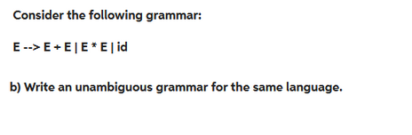 Consider the following grammar:
E--> E+E | E* E | id
b) Write an unambiguous grammar for the same language.