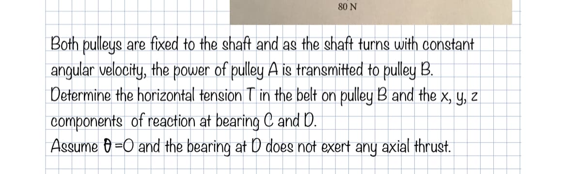 80 N
Both pulleys are fixed to the shaft and as the shaft turns with constant
angular velocity, the power of pulley A is transmitted to pulley B.
Determine the horizontal tension T in the belt on pulley B and the x, y, z
components of reaction at bearing C and D.
Assume 0 =O and the bearing at D does not exert any axial thrust.
