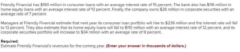 Friendly Financial has $190 million in consumer loans with an average interest rate of 15 percent. The bank also has $116 million in
home equity loans with an average interest rate of 10 percent. Finally, the company owns $26 million in corporate securities with an
average rate of 7 percent.
Managers at Friendly Financial estimate that next year its consumer loan portfolio will rise to $236 million and the interest rate will fall
to 13 percent. They also estimate that its home equity loans will fall to $110 million with an average interest rate of 12 percent, and its
corporate securities portfolio will increase to $34 million with an average rate of 9 percent.
Required:
Estimate Friendly Financial's revenues for the coming year. (Enter your answer in thousands of dollars.)
