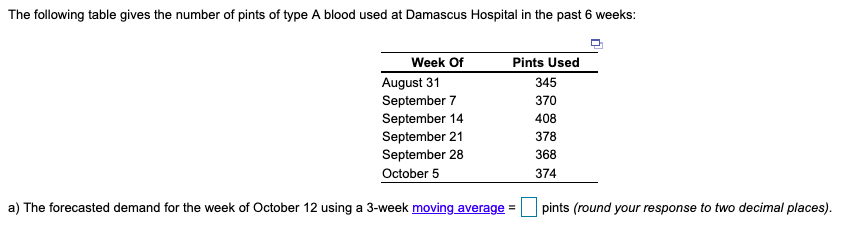 The following table gives the number of pints of type A blood used at Damascus Hospital in the past 6 weeks:
Week Of
Pints Used
August 31
September 7
September 14
September 21
September 28
October 5
345
370
408
378
368
374
a) The forecasted demand for the week of October 12 using a 3-week moving average =
pints (round your response to two decimal places).
