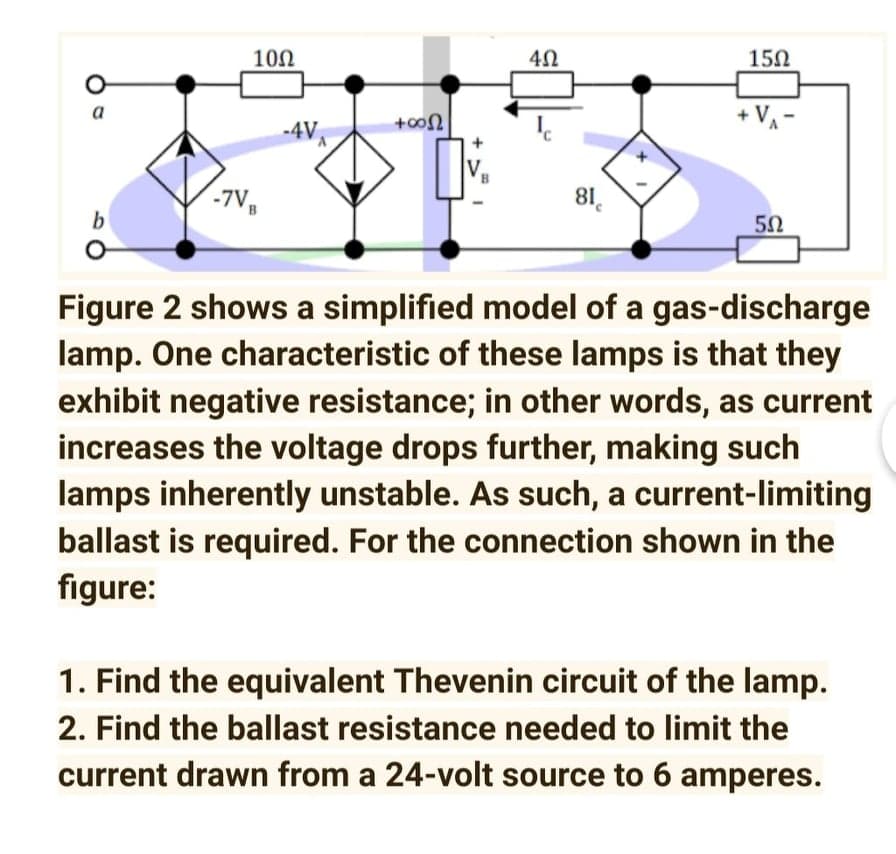 150
100
+ VA-
a
-4V
AVA
-7V
81.
B
b
Figure 2 shows a simplified model of a gas-discharge
lamp. One characteristic of these lamps is that they
exhibit negative resistance; in other words, as current
increases the voltage drops further, making such
lamps inherently unstable. As such, a current-limiting
ballast is required. For the connection shown in the
figure:
1. Find the equivalent Thevenin circuit of the lamp.
2. Find the ballast resistance needed to limit the
current drawn from a 24-volt source to 6 amperes.
